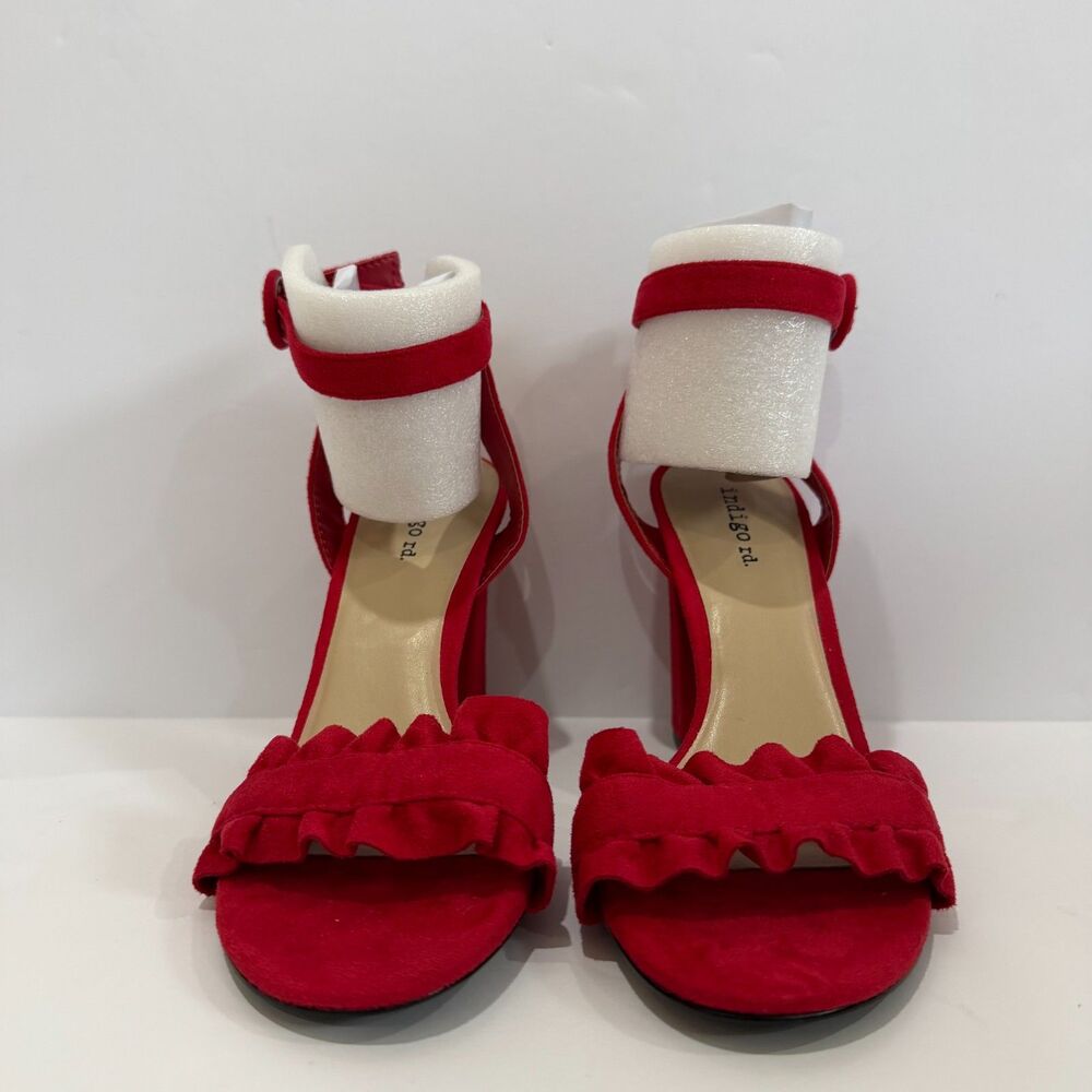 Indigo Rd Red Ruffled Ankle Strap Block Heel Sandals Macy's - Picture 2 of 6